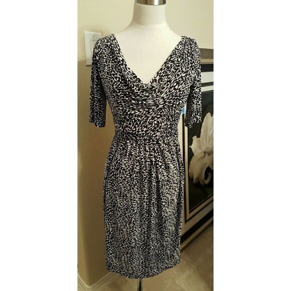 RALPH LAUREN Cowl-Neck Printed Empire Ruched Dress Black White - Size 2 - Picture 1 of 4